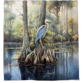 水彩ブルー素晴らしヘロン シャワーカーテン (正面)