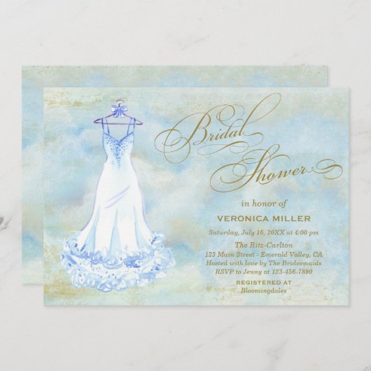 水彩ブルー結婚ズガウンブライダルシャワー招待状 招待状 (正面/裏面)