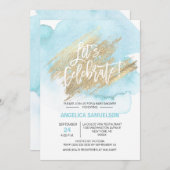 水彩ブルー金ゴールドベイビーシャワー祝Let  招待状 (正面/裏面)