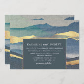 水彩ブルー金ゴールドランドスケープ結婚式 招待状 (正面/裏面)