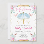 水彩ブルー金ゴールド春傘ベビーシャワー 招待状 (正面)