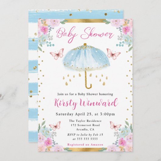 水彩ブルー金ゴールド春傘ベビーシャワー 招待状 (正面/裏面)