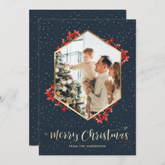 水彩ブルー金ゴールド雪写真メリークリスマス シーズンカード (正面/裏面)