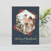 水彩ブルー金ゴールド雪写真メリークリスマス シーズンカード (スタンド正面)