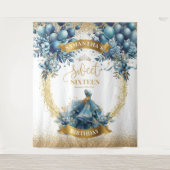 水彩ブルー金ゴールドSweet sixteenバルーンバナー タペストリー (正面)