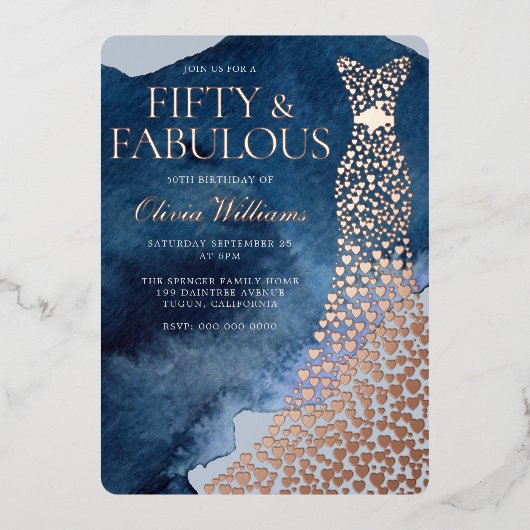 水彩ブルー50th誕生日バラ金ゴールドドレス 箔招待状 (正面)