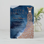 水彩ブルー50th誕生日バラ金ゴールドドレス 箔招待状 (立ち正面)