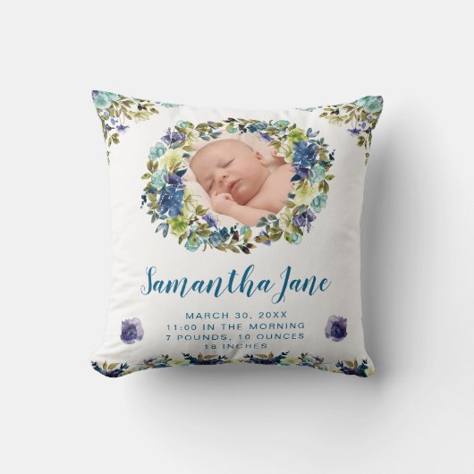 水彩ブルー&クリームフラワーズリースベビー写真 クッション (正面)