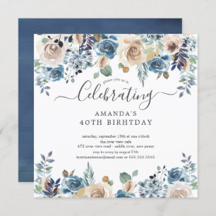 水彩ブルー&クリームフローラ誕生会 招待状