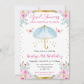 水彩ブルー ゴールド スプリング傘 21歳の誕生日 招待状 (正面)