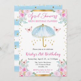 水彩ブルー ゴールド スプリング傘 21歳の誕生日 招待状