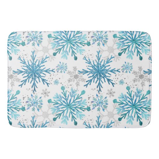 水彩ブルー&シルバーグリッター冬季雪片 バスマット (正面)