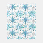 水彩ブルー&シルバーグリッター冬季雪片 フリースブランケット (正面)