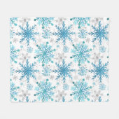 水彩ブルー&シルバーグリッター冬季雪片 フリースブランケット (正面(横))