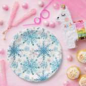 水彩ブルー&シルバーグリッター冬季雪片 ペーパープレート (パーティー)