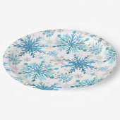 水彩ブルー&シルバーグリッター冬季雪片 ペーパープレート (アングル)