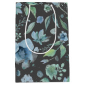 水彩ブルー ダークグレー 花柄 ミディアムペーパーバッグ (正面)