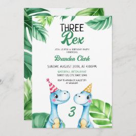 水彩ブルー ティーレックス グリーンハウス キッズ 3歳 誕生日 招待状