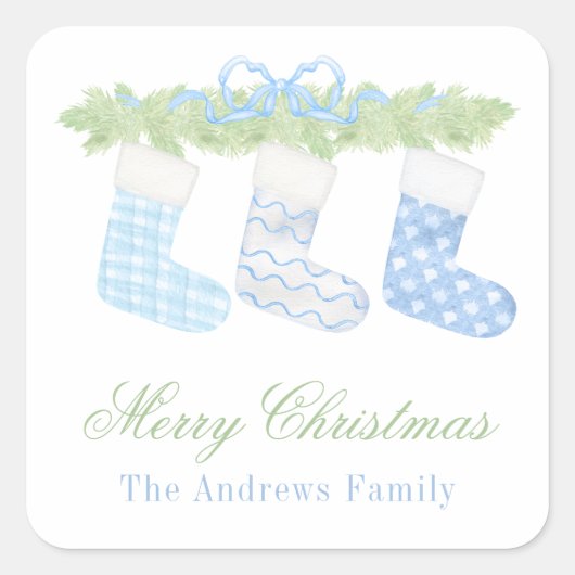 水彩ブルー&ホワイトクリスマスストッキングギフト スクエアシール (正面)