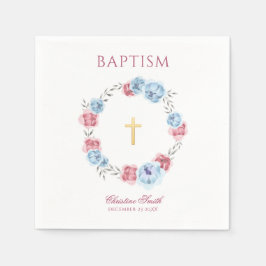 水彩ブルー&赤面ピンクフローラリース スタンダードカクテルナプキン