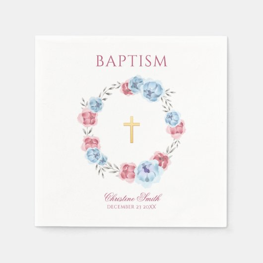 水彩ブルー&赤面ピンクフローラリース スタンダードカクテルナプキン (正面)