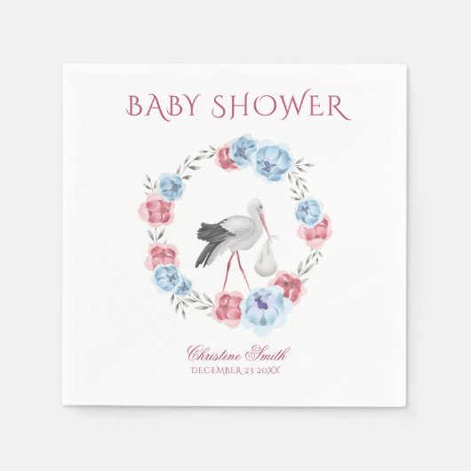 水彩ブルー&赤面ピンクフローラ冬リース スタンダードカクテルナプキン (正面)