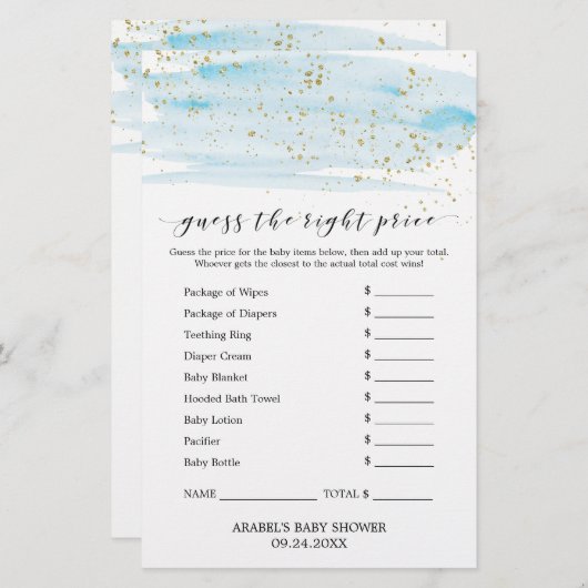 水彩ブルー&金ゴールドは正しい価格ゲーム (正面/裏面)