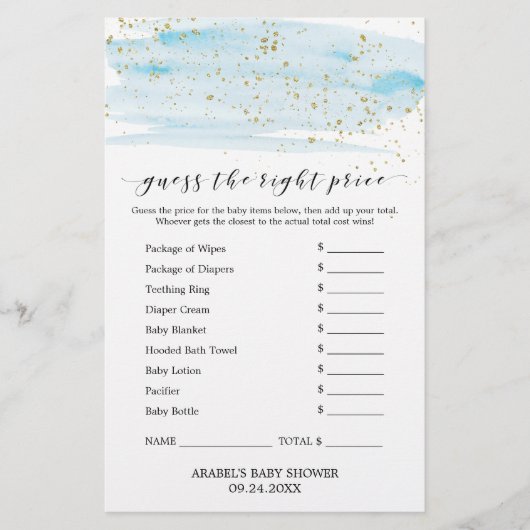 水彩ブルー&金ゴールドは正しい価格ゲーム チラシ (正面)