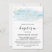 水彩ブルー&金ゴールドスパークルバプテスマ 招待状 (正面)