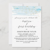 水彩ブルー&金ゴールドバプテスマ&誕生日 招待状 (正面)