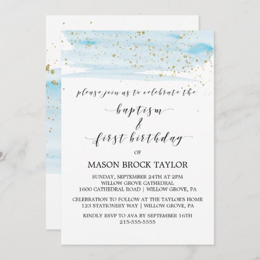 水彩ブルー&金ゴールドバプテスマ&誕生日 招待状 (正面/裏面)