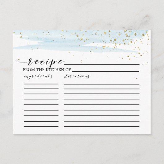 水彩ブルー&金ゴールドブライダルシャワーレシピカード ポストカード (正面)