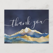 水彩ブルー&金ゴールド山結婚ズサンキュー ポストカード (正面)