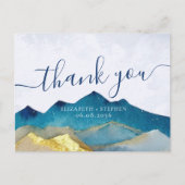 水彩ブルー&金ゴールド山結婚ズサンキュー ポストカード (正面)