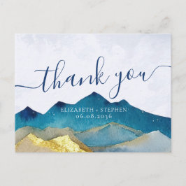 水彩ブルー&金ゴールド山結婚ズサンキュー ポストカード