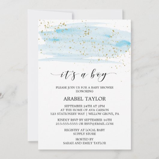 水彩ブルー&金ゴールド男の子の赤ちゃんシャワーホスト 招待状 (正面)