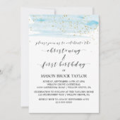 水彩ブルー&金ゴールド《キリスト教》洗礼式や命名式&第1誕生日 招待状 (正面)