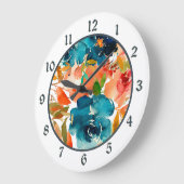 水彩ブルー、金ゴールド、コーラルオレンジフローラ ラージ壁時計 (傾斜)