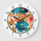 水彩ブルー、金ゴールド、コーラルオレンジフローラ ラージ壁時計 (正面)