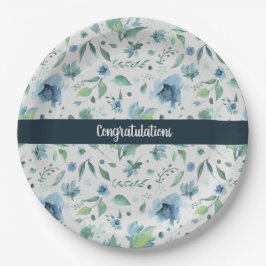 水彩ブルー on ライトグレー フラワール カスタム ペーパープレート