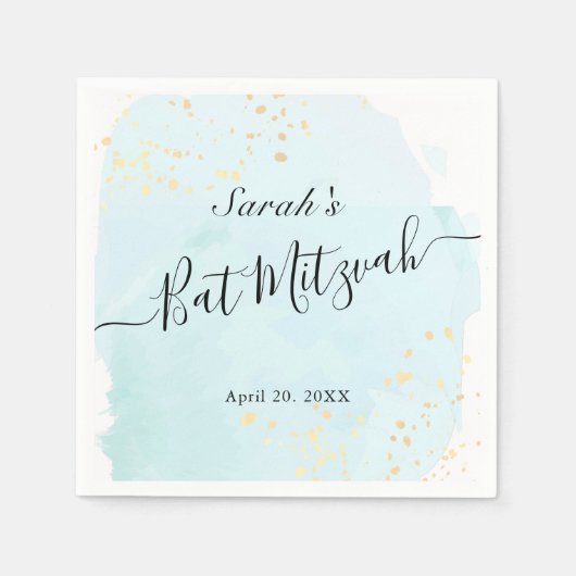 水彩ブルーx金ゴールドバルミツワーナプキンズ スタンダードカクテルナプキン (正面)