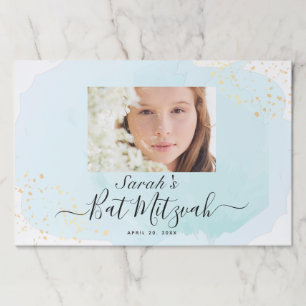 水彩ブルーx金ゴールドバルミツワーフォトランチョンマット ペーパーパッド