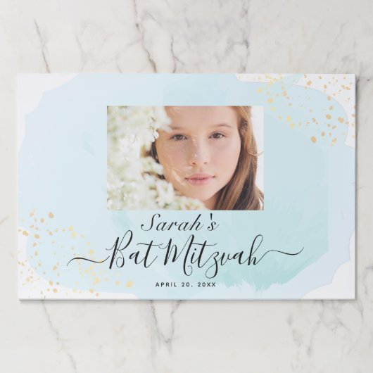 水彩ブルーx金ゴールドバルミツワーフォトランチョンマット ペーパーパッド (正面)