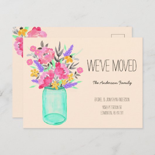 水彩ブーケメイソンジャールフラワーズ引っ越しました ポストカード (正面/裏面)