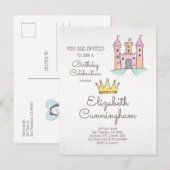 水彩プリンセスとユニコーンの誕生日パーティー インビテーションポストカード (正面/裏面)