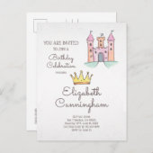 水彩プリンセスと一角獣の誕生パーティー インビテーションポストカード (正面/裏面)