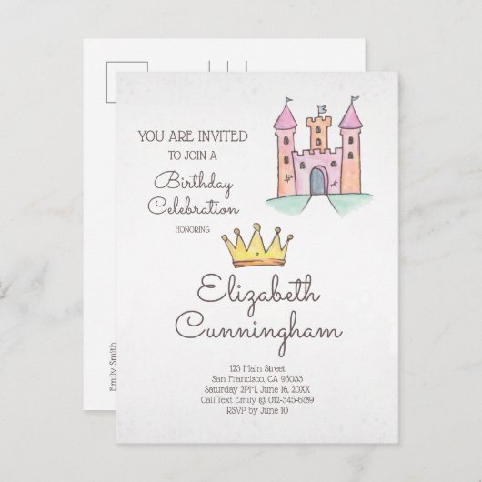 水彩プリンセスと一角獣の誕生パーティー インビテーションポストカード (正面/裏面)