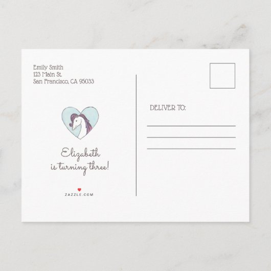 水彩プリンセスと一角獣の誕生パーティー インビテーションポストカード (裏面)