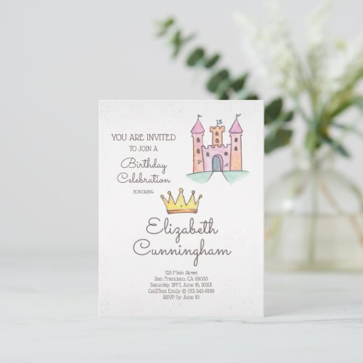 水彩プリンセスと一角獣の誕生パーティー インビテーションポストカード (スタンド正面)