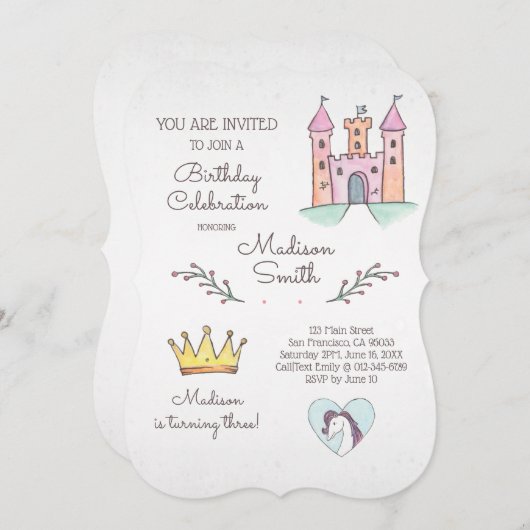 水彩プリンセスユニコーン誕生日招待状 招待状 (正面/裏面)